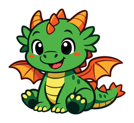 Fototapeta premium Adorable little green dragon with orange wings and horns sitting, embodying innocence and magic in a playful cartoon style