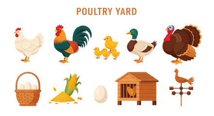 Poultry yard farm animals and icons. © Faisal