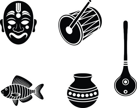 Bengali New Year Cultural Symbols Set Featuring Folk Mask Dhol Fish Clay Pot and Dotara Silhouette Icons