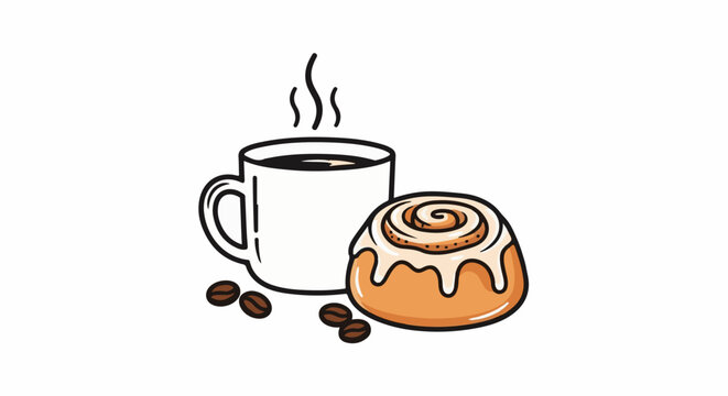 A warm cup of coffee sits beside a frosted cinnamon roll and coffee beans