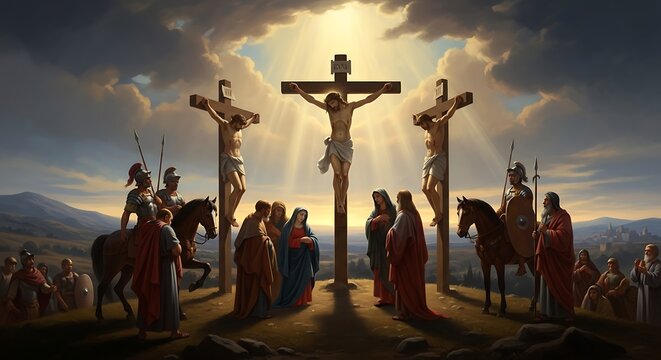crucifixion of jesus christ on calvary with three crosses and mourning figures, biblical scene illustration.