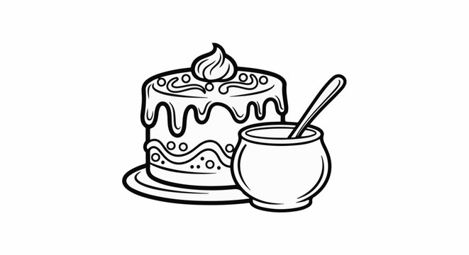 Decorative cake with frosting and a small bowl with a spoon