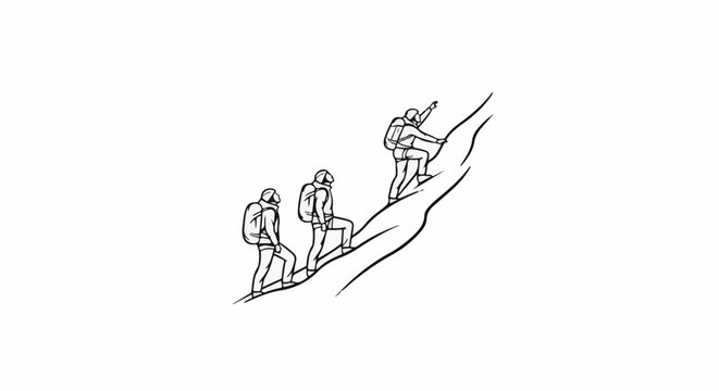 Three hikers ascend a steep, rocky incline, one pointing forward