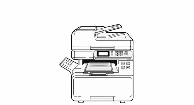 A black and white line drawing of a modern office multifunction printer