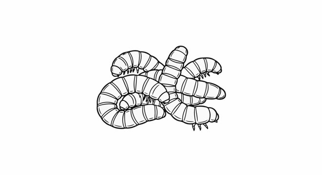 A cluster of segmented, leggy grubs in a hand-drawn outline style