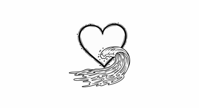 A stylized heart outline intersects with a crashing wave