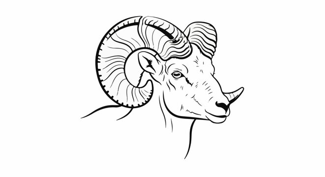 Detailed black and white illustration of a ram's head with large, curved horns