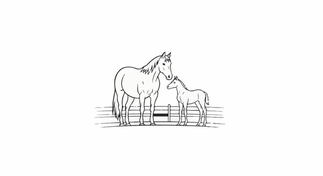 Horse and foal standing behind a wooden fence, simple line art