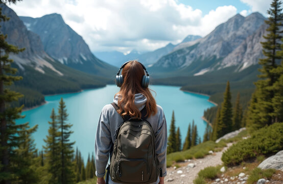Young woman with backpack and headphones stands on mountain path. She overlooks turquoise lake forest valley and peaks. Clouds fill sky above scenic landscape.