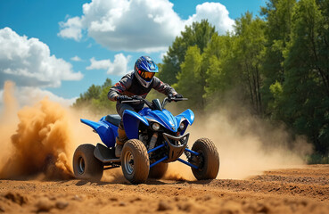 Obraz premium Blue ATV speeds on dirt track kicking up dust. Rider wears helmet and gear, navigating rough terrain on sunny day. Outdoor adventure pursuit, active hobby.