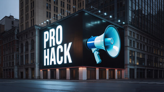 Urban corner building billboard at dusk with text "PRO HACK" and glowing blue megaphone on city street
