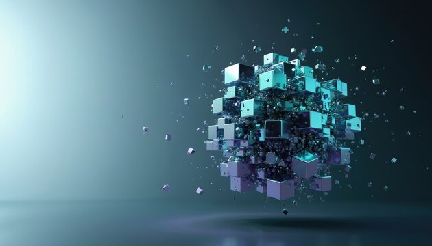 Iridescent cubes form abstract floating structure. Geometric shapes assemble in mid-air. Modern digital art concept with metallic blocks, light reflections, gradient background.