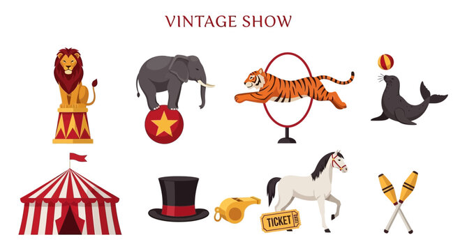 Vintage circus animals and symbols.