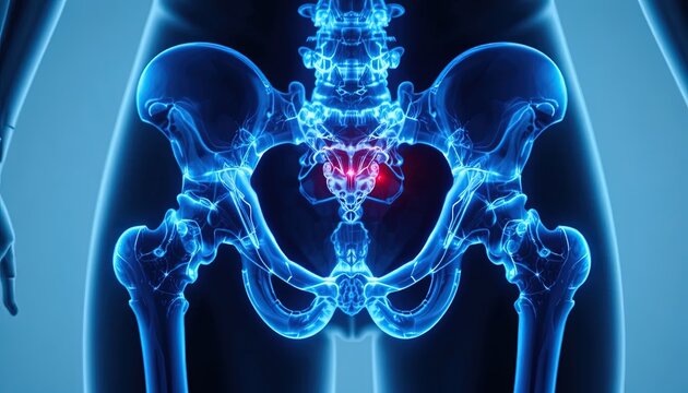 X-Ray View of Human Pelvis with Pain Highlighted in Red, Medical Illustration for Healthcare, Educational and Research Purposes
