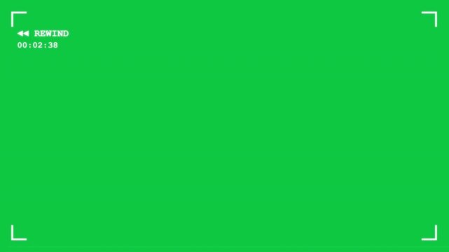 Retro VHS rewind overlay effect graphic displays a fast backward symbol with "REWIND" text and a timecode readout on a chroma key green screen background 4K