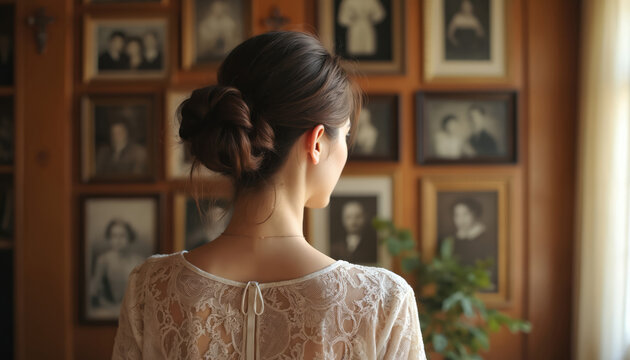 Woman looks at wall of old family photos. She examines ancestral portraits and remembers her past. Young female connects with heritage, feels nostalgia and emotional bond with relatives.