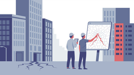 Engineers Assessing Urban Earthquake Risk and Seismic Safety vector Illustration