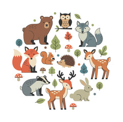 Fototapeta premium Grouping of stylized woodland animals forming a circular pattern with trees, mushrooms, and leaves, depicting wild nature