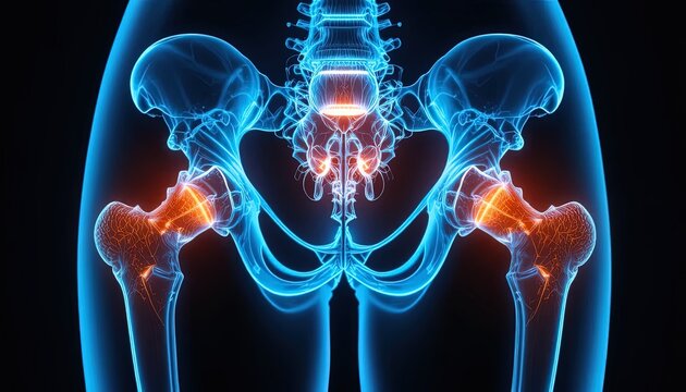 Human Pelvis Anatomy with Highlighted Hip Joints, 3D Illustration, Health and Medical Visualization for Educational Purposes