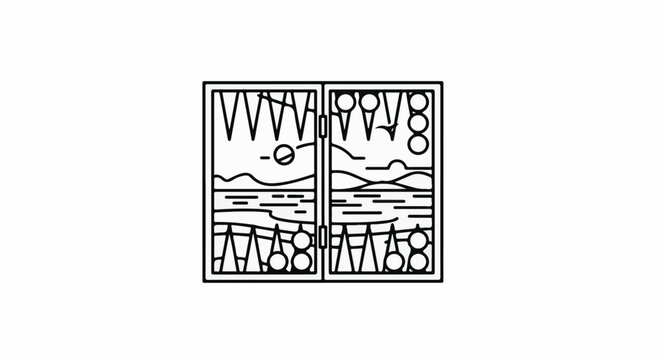 Stylized line drawing of a backgammon board with abstract landscape