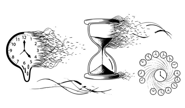 A black and white vector illustration of a melting clock turning into sand in an hourglass with multiple clocks swirling around it