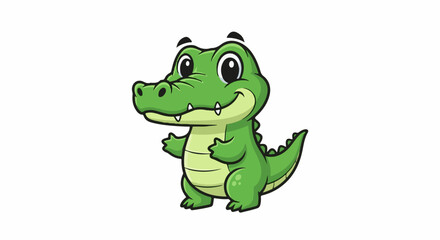 Fototapeta premium A cheerful cartoon alligator stands on a white background, with wide eyes and a friendly smile