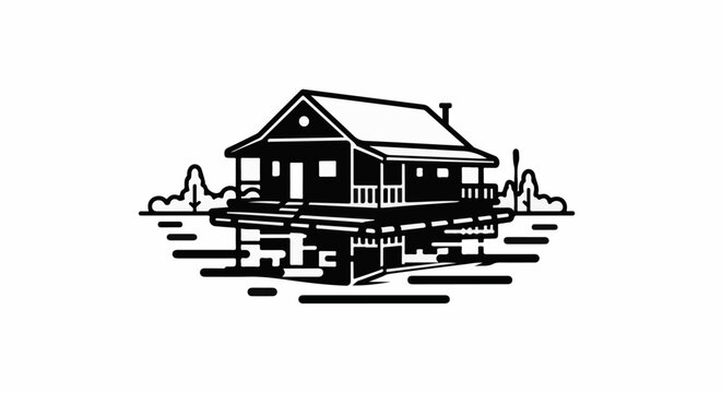Stylized drawing of a stilted house with surrounding foliage
