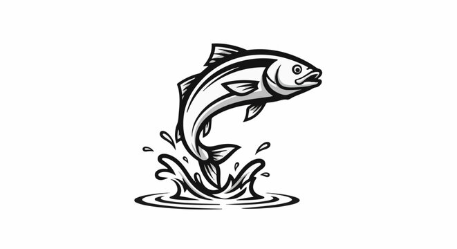 A stylized fish leaps from splashing water in a black and white drawing