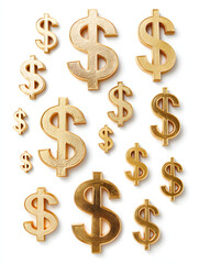 Obraz premium Gold colored dollar signs in various sizes isolated on a clean white background