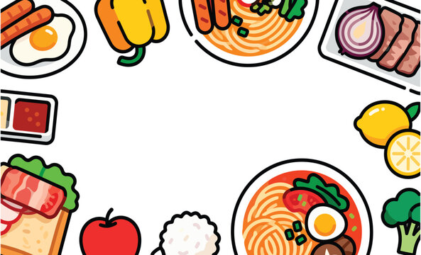 Culinary Delights: A vibrant array of diverse food elements, arranged artfully to frame an open space, beckons with a spectrum of flavors and colors. 