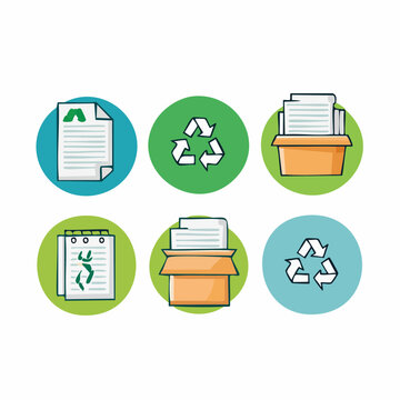 Recycling icons show paper documents in a recycling process with eco-friendly symbols nearby.