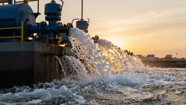 Industrial pumps release water into a basin during sunset, with golden light reflecting off the flowing stream. The scene captures mechanical operation and natural beauty.