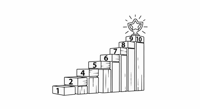Numbered blocks ascend to a star trophy on a podium