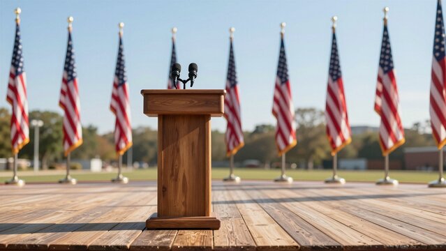 An empty wooden podium with microphones on a stage, surrounded by American flags under a clear blue sky. The scene is set for a political speech or public address.