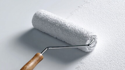 Obraz premium Close-up of a paint roller spreading white paint on a textured surface, illustrating renovation, home improvement, and finishing work
