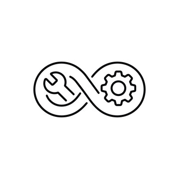 DevOps engineer infinity loop icon DevOps engineer tools and automation black and white vector illustration