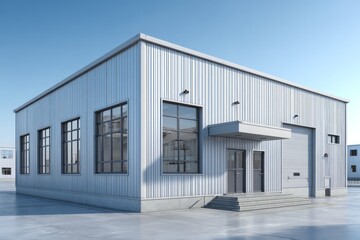 Fototapeta premium Modern industrial warehouse structure featuring corrugated metal siding under a clear blue sky