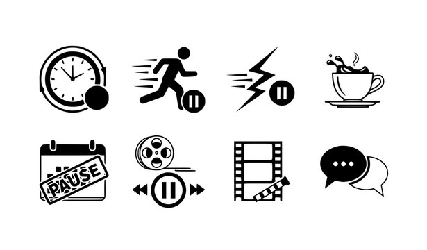 A set of eight black and white vector icons depicting pause and play symbols in various contexts including media controls and daily life activities on a transparent background