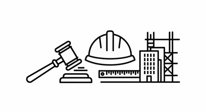 Gavel, hard hat, ruler, and building under construction icons