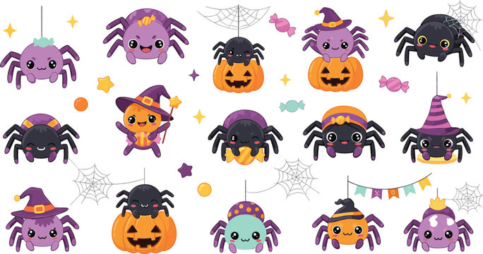 Cute Halloween Spider Character Vector Set Featuring Pumpkins Witch Hats Candy Webs Kawaii Cartoon Collection for Kids Party Design Isolated on White Background