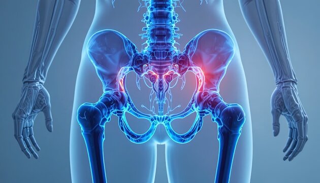 Illustration of Pelvis and Hip Bones with Pain Indication for Medical Purposes