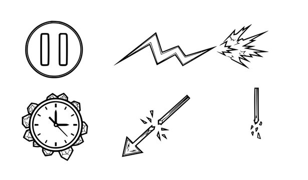 A set of five minimalist line art icons including a pause button, lightning bolt, clock, arrow, and match on a transparent background
