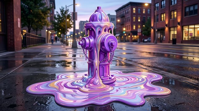 Surreal purple gradient plastic melting fire hydrant in the city 