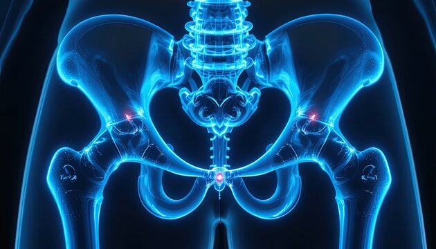 Human Pelvis Skeleton Anatomy X-Ray Scan Illustration with Hip Joint Pain Highlighted in Red on a Dark Blue Background