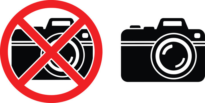 No photography allowed sign and camera icon isolated on white background for warning notices. Vector