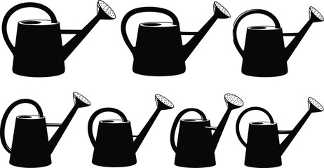 Watering can silhouette set for gardening and agriculture isolated black icons collection showing different styles of watering cans for plant care and irrigation © MdHasanAli