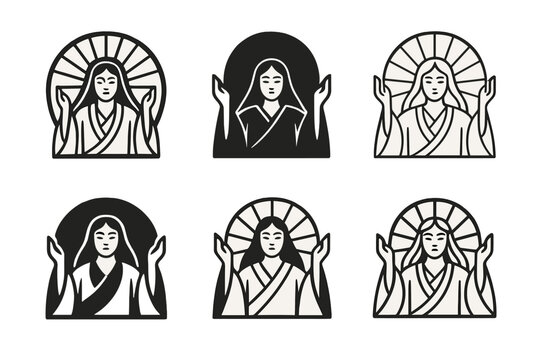 Divine Emblem Showcase. Ancient gods and goddesses in a mystical landscape. Set Logo of Ancient gods and goddesses in a mystical landscape: Amaterasu rising