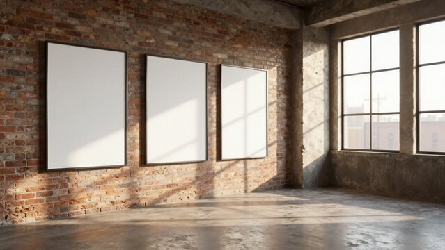 Three empty picture frames on a rustic brick wall in an industrial loft with sunlit concrete floors.