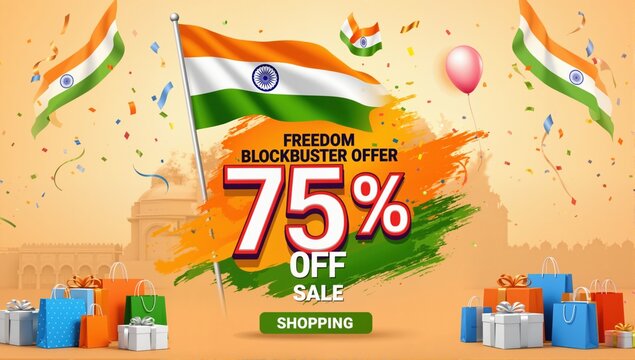 Celebration of India independence Day and freedom blockbuster offer sale 75% off Shopping background.
