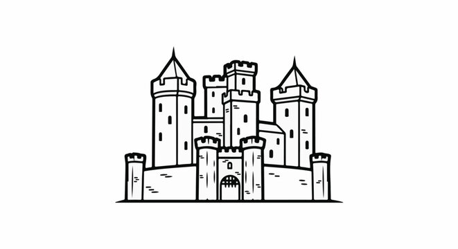 A stylized black and white drawing of a medieval castle with multiple towers